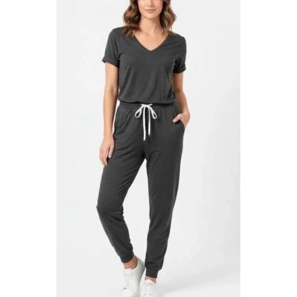 Vuori Sz XL All Day Heather Charcoal Gray Drawstring Jumpsuit Romper Comfy Cozy
